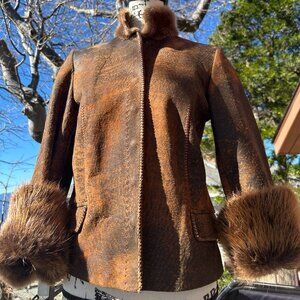 HOSS COUTURE Upscale Genuine Leather Jacket w/ Beaver Fur Collar + Cuffs, S/M